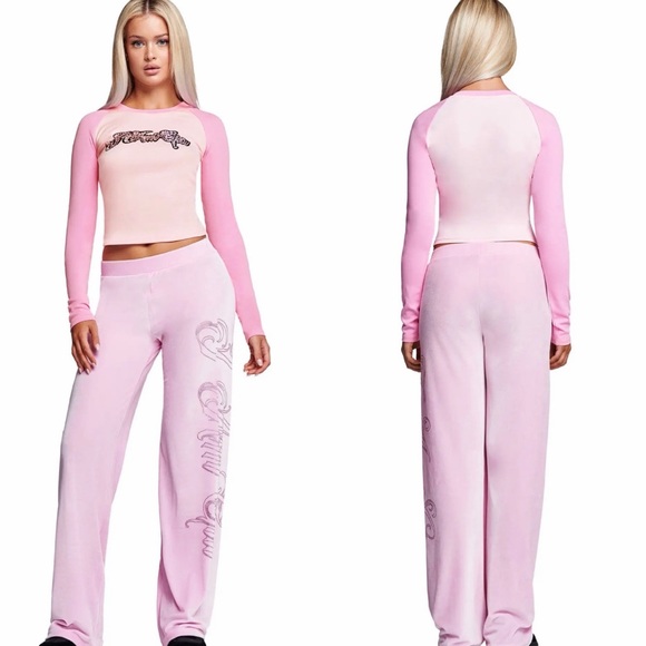 I.AM.GIA Daria Velour Rhinestone Logo Track Pants in Baby Pink Size S - Picture 2 of 10